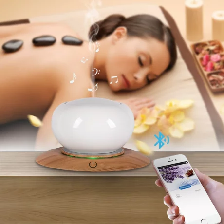 Difuzor aromaterapie smart cu ultrasunete, ceramica, bluetooth, muzica, lumina LED 7 culori, V-Rising VR-WX50S, 300 ml, alb/lemn deschis