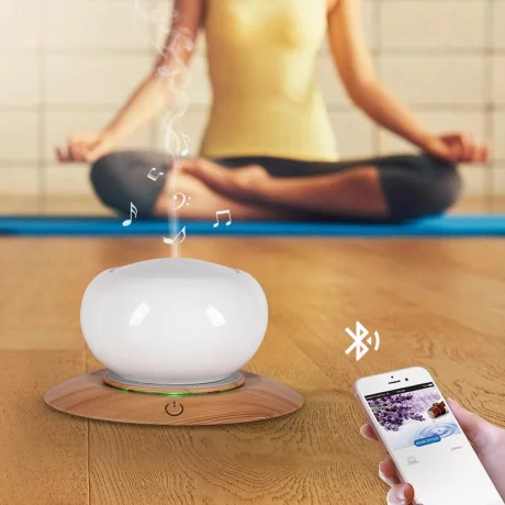 Difuzor aromaterapie smart cu ultrasunete, ceramica, bluetooth, muzica, lumina LED 7 culori, V-Rising VR-WX50S, 300 ml, alb/lemn deschis