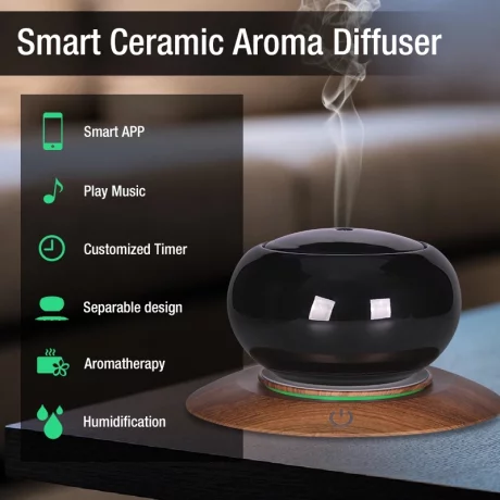 Difuzor aromaterapie smart cu ultrasunete, ceramica, bluetooth, muzica, lumina LED 7 culori, V-Rising VR-WX50S, 300 ml, negru/lemn deschis