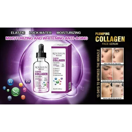 Ser facial Plumping Collagen cu Vitamina C, Vitamina A, Coenzima Q10, Niacinamida si Acid Hialuronic, hidratant, antirid, Roushun, 30 ml