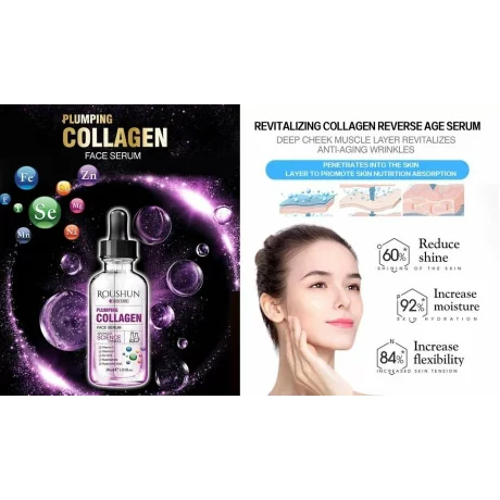 Ser facial Plumping Collagen cu Vitamina C, Vitamina A, Coenzima Q10, Niacinamida si Acid Hialuronic, hidratant, antirid, Roushun, 30 ml