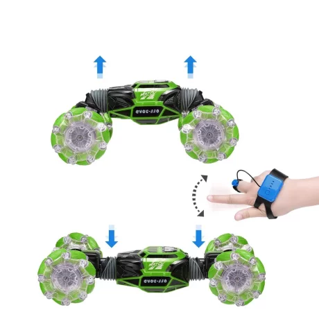 Masinuta de cascadorii cu doua fete, control prin gesturi cu ceas si telecomanda, UD2196A, 2,4GHz, verde