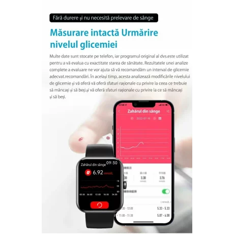 Ceas smartwatch pentru masurarea glicemiei fara intepare, Alhena®, Monitorizare ritm cardiac, Temperatura, EKG+PTT, Pulsul, Precizie glicemie SPO2 BP 24H, Monitorizare sanatate