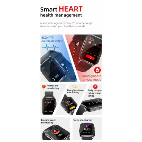 Ceas smartwatch pentru masurarea glicemiei fara intepare, Alhena®, Monitorizare ritm cardiac, Temperatura, EKG+PTT, Pulsul, Precizie glicemie SPO2 BP 24H, Monitorizare sanatate