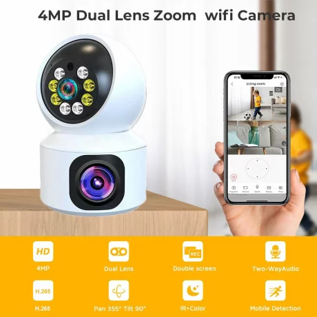 Camera de supraveghere duala 6m interioara pentru monitorizare bebelusi Alhena®, WIFi, 360°, cu senzor de miscare, urmarire automata umana, vedere nocturna color, audio bidirectional, lentile duale