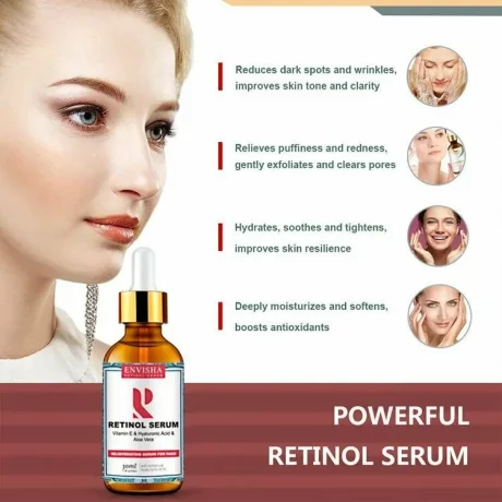 Ser cu Retinol 2,5% si vitamina E, Acid Hialuronic si Aloe Vera pentru fata, anti-imbatranire efect de Hidratare, Envisha, 30ml