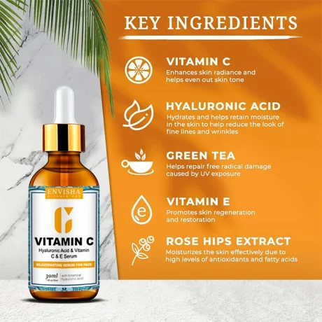 Ser cu Vitamina C, Acid Hialuronic si Vitamina E, antirid, antioxidant, anti-imbatranire, iluminator, Envisha, 30ml