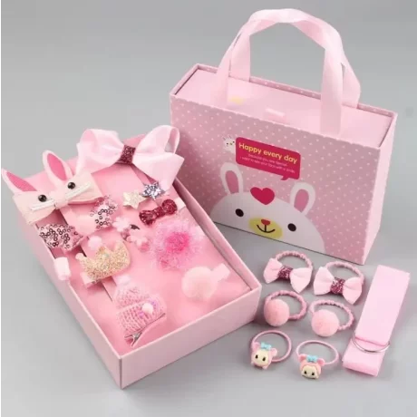 Set 18 accesorii fetita pentru par cu cutie cadou, fundite, elastice de par, agrafe, fundite, coronite, floricele, cu clips, Lovely Princess, Meissa