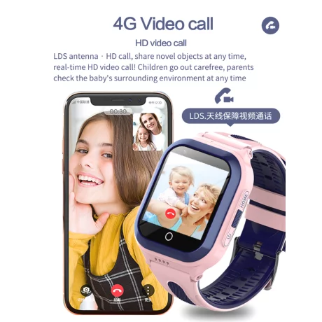 Ceas smartwatch pentru copii 4G, Alhena®, Model 2023, DF70A, HD, Apel video Wifi, Pozitie de urmarire a locatiei, SOS, Rezistent la apa Cartela Sim, GPS, Monitorizare sanatate, Roz