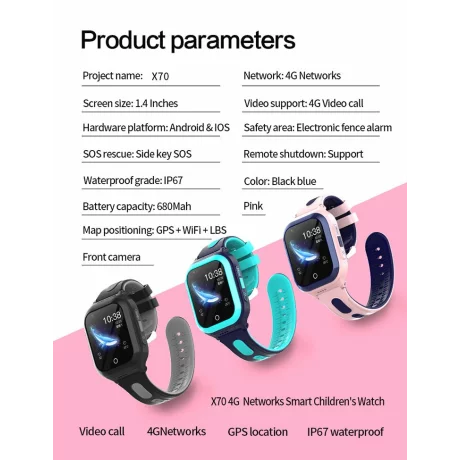 Ceas smartwatch pentru copii 4G, Alhena®, Model 2023, DF70A, HD, Apel video Wifi, Pozitie de urmarire a locatiei, SOS,  Cartela Sim, GPS, Monitorizare sanatate, Albastru