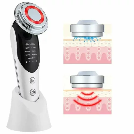 Aparat profesional pentru tratament facial si intinerirea pielii 7 in 1, Alhena®, dispozitiv de ridicare a fetei EMS, Masaj, Fototerapie cu lumina, Dispozitiv anti-imbatranire, Lifting, M8807, alb