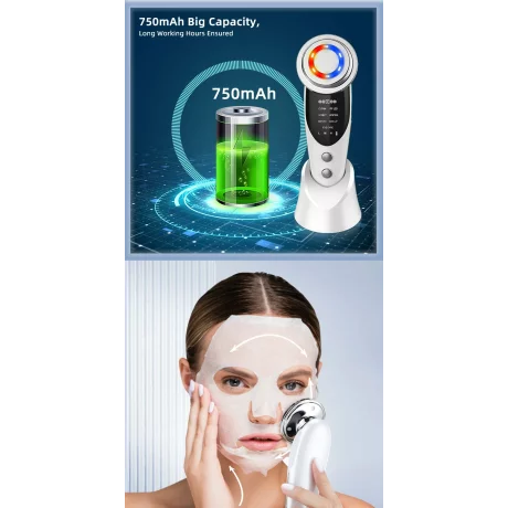 Aparat profesional pentru tratament facial si intinerirea pielii 7 in 1, Alhena®, dispozitiv de ridicare a fetei EMS, Masaj, Fototerapie cu lumina, Dispozitiv anti-imbatranire, Lifting, M8807, alb