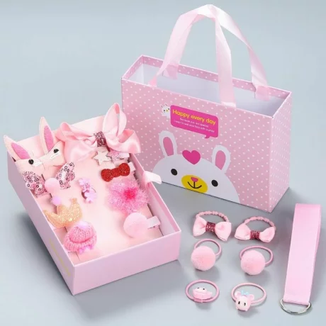 Set 18 bucati accesorii prindere par fetite, Alhena®, cutie cadou, roz