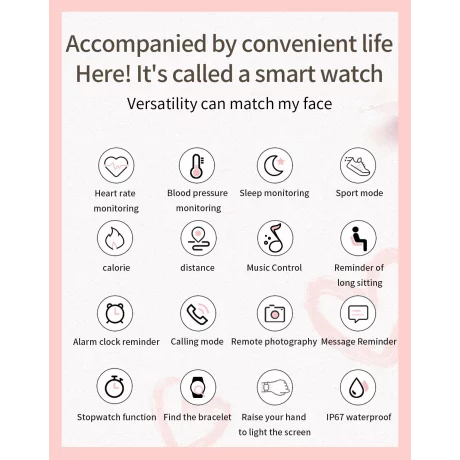 Ceas Smartwatch dama Alhena®, CF96, Ectran tactil, IP67, Rezistent la apa, Monitorizare ritm cardiac, Nivel oxigen, Moduri sportive, Muzica, Roz