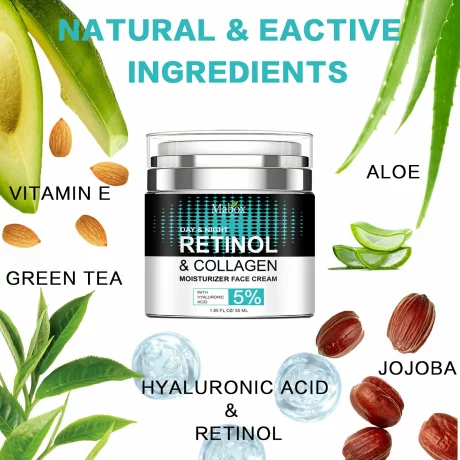 Crema de fata Mabox Retinol &amp; Collagen Day &amp; Night, Acid Hialuronic 5%, Colagen, Retinol (Vitmaina A), Unt de Shea, Aloe Vera, Ulei de Jojoba, hitratare, antirid, anti-imbatranire, 55 ml