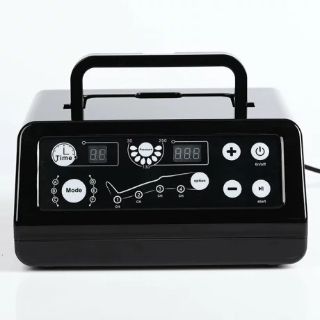 Aparat de presoterapie pentru drenaj limfatic si masaj Alhena® M-PRO 3001, 2 X 4 camere de compresie aer, 6 moduri de tratament, 30-250 mmHg, recuperare medicala, masaj terapeutic, refacere musculara, marimea M, negru