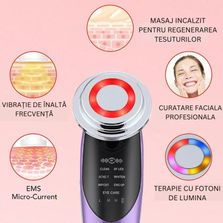 Aparat profesional pentru tratament facial si intinerirea pielii 7 in 1, Alhena®, dispozitiv de ridicare a fetei EMS, Masaj, Fototerapie cu lumina, Dispozitiv anti-imbatranire, Lifting, M8807, Mov