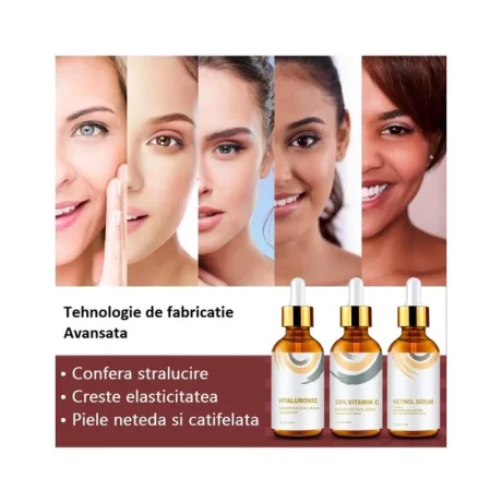 Set trei seruri faciale, Acid Hialuronic, Vitamina C, Retinol, Envisha, Albire, Iluminare, Anti Aging, 90 ml