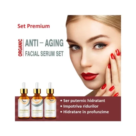 Set trei seruri faciale, Acid Hialuronic, Vitamina C, Retinol, Envisha, Albire, Iluminare, Anti Aging, 90 ml