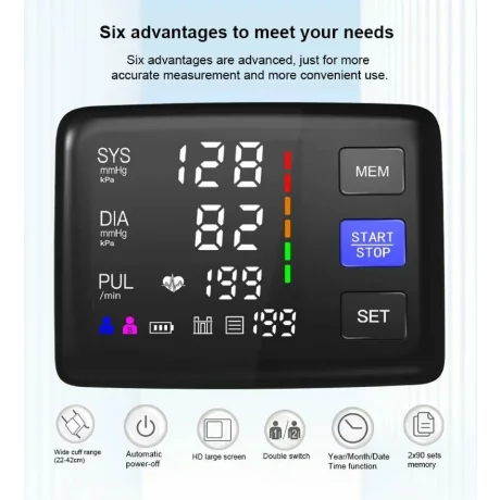 Tensiometru digital de brat cu ecran iluminat ALPHAMED U81Q, 2 x 90 memorii, oprire automata, mufa USB Type-C, manseta 22-42 cm, negru/alb