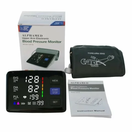 Tensiometru digital de brat cu ecran iluminat ALPHAMED U81Q, 2 x 90 memorii, oprire automata, mufa USB Type-C, manseta 22-42 cm, negru/alb