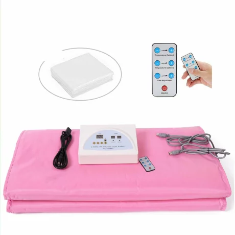 Termocuverta cu doua zone infrarosu Alhena® XC-RZT02, maneci, telecomanda, patura pentru sauna cu infrarosu, diminuarea celulitei, slabit, modelarea corpului, detoxifiere, pentru uz personal sau salon, roz