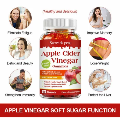 Bomboanele gumate vegane cu otet de mere pentru slabit, scadere in greutate, detoxifiere enzimatica, stimuleaza metabolismul, suprima pofta de mancare Cidru de mere, Secret de Peau, 60 buc, Alhena®