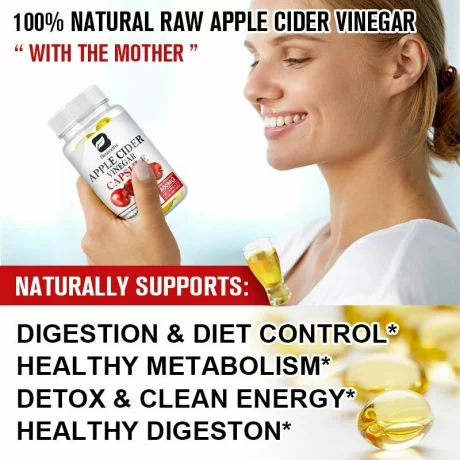 Otet din cidru de mere pentru digestie, 120 capsule, detoxifiere si arderea grasimilor. 100% natural, ajutor in cura de slabire, ajuta la mentinerea nivelului normal al glicemiei