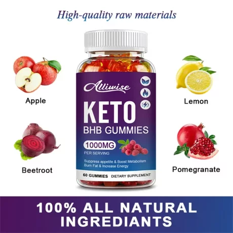Supliment de dieta cetogena, de slabire, Alliwise 1000 mg Keto BHB Gummies 60 de bucati Keto BHB Gummies pentru arderea grasimilor 1000mg, Creste energia, Alhena®