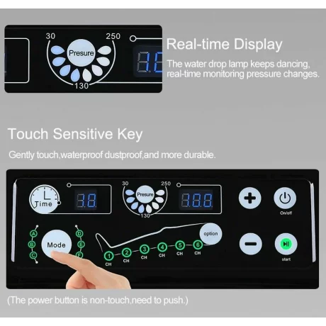 Aparat de presoterapie pentru drenaj limfatic si masaj Alhena® M-PRO 3001, 2 X 6 camere de compresie aer, 6 moduri de tratament, 30-250 mmHg, recuperare medicala, masaj terapeutic, refacere musculara, marimea M, negru