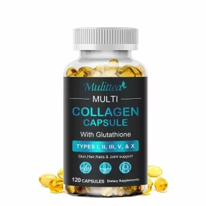 Multi Colagen (Tipurile I, II, III, V si X) cu proteine hidrolizate sprijin pentru sanatatea pielii, unghiilor, parului, antiaging, 120 capsule moi