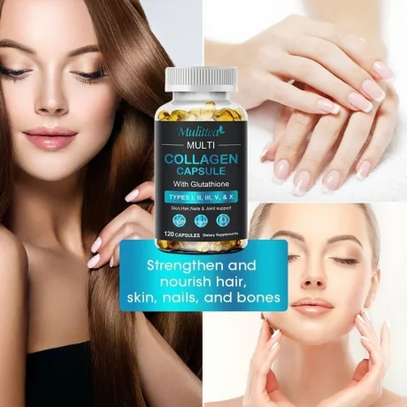 Multi Colagen (Tipurile I, II, III, V si X) cu proteine hidrolizate sprijin pentru sanatatea pielii, unghiilor, parului, antiaging, 120 capsule moi