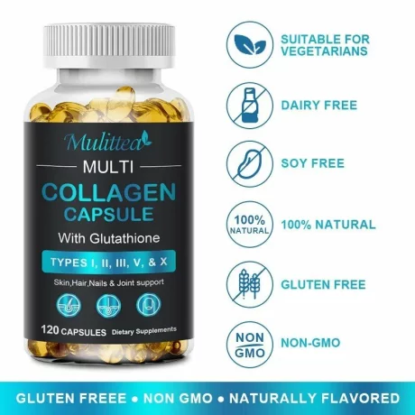 Multi Colagen (Tipurile I, II, III, V si X) cu proteine hidrolizate sprijin pentru sanatatea pielii, unghiilor, parului, antiaging, 120 capsule moi
