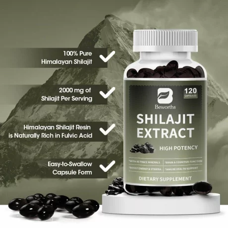 Shilajit Rasina Pura de Himalaya, energie si vitalitate, imunitate, stres, echilibru hormonal, sanatate mentala, minte si memorie, muschi, Beworths Immune Boost Organic, 60 capsule