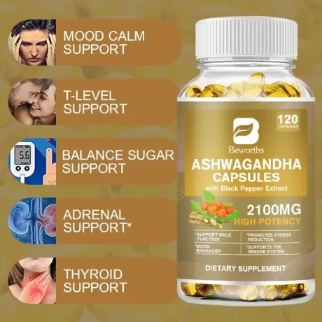 Ashwagandha Complex Softgel Capsule, Extract de piper negru din rădăcină de Ashwagandha, Suplimente din plante, Beworths