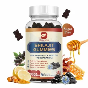 Organic Himalayan Shilajit, Sea Moss, Ulei de chimen negru, Ashwagandha, bomboane gumate, stimularea imunitatii, energie si vitalitate, stres, sanatate mentala, 60 buc
