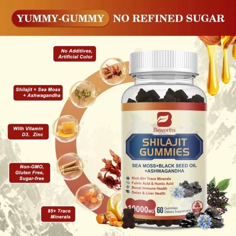 Organic Himalayan Shilajit, Sea Moss, Ulei de chimen negru, Ashwagandha, bomboane gumate, stimularea imunitatii, energie si vitalitate, stres, sanatate mentala, 60 buc
