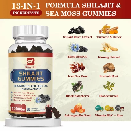 Organic Himalayan Shilajit, Sea Moss, Ulei de chimen negru, Ashwagandha, bomboane gumate, stimularea imunitatii, energie si vitalitate, stres, sanatate mentala, 60 buc