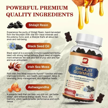 Organic Himalayan Shilajit, Sea Moss, Ulei de chimen negru, Ashwagandha, bomboane gumate, stimularea imunitatii, energie si vitalitate, stres, sanatate mentala, 60 buc