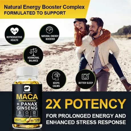 Extract de radacina de maca neagra, aswaganda si coreean panax ginseng, sustine performante fizice puternice, antistress, echilibreaza balanta hormonala, 60 cps