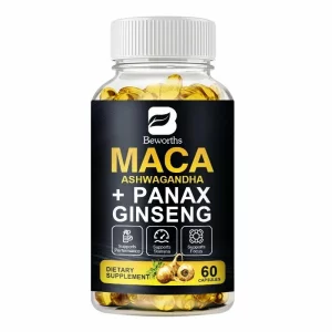 Extract de rădăcină de maca neagră, aswaganda si coreean  panax ginseng,   susține performanțe fizice puternice, antistress, echilibreaza balanta hormonala, 120 buc