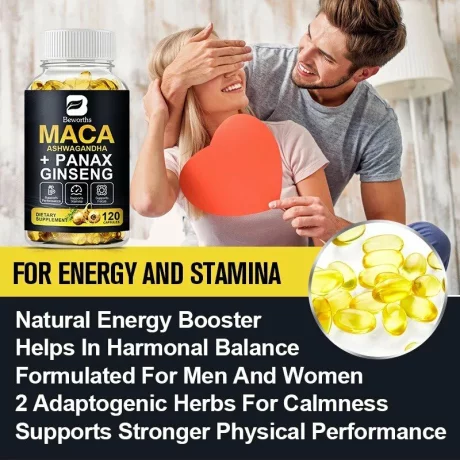 Extract de radacina de maca neagra, aswaganda si coreean panax ginseng, sustine performante fizice puternice, antistress, echilibreaza balanta hormonala, 60 cps