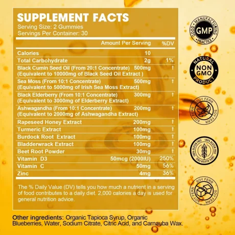 Gummy Cu Ulei Din Semințe De chimen Negru, Muschi De Mare Irlandez, Fructe De Soc, Ashwagandha, detoxifierea si sanatatea ficatului, a inimii, imunitate, 60 buc