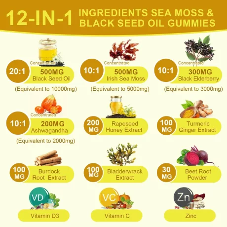Gummy Cu Ulei Din Semințe De chimen Negru, Muschi De Mare Irlandez, Fructe De Soc, Ashwagandha, detoxifierea si sanatatea ficatului, a inimii, imunitate, 60 buc