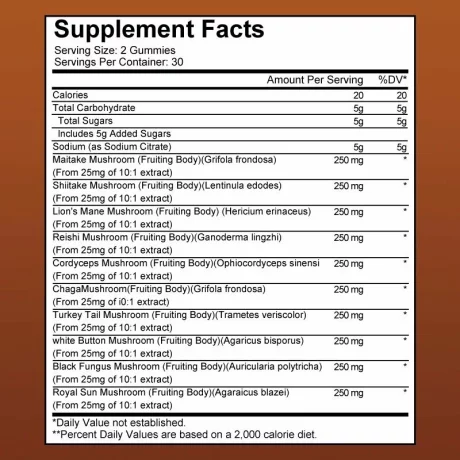 Mushroom Complex cu ingrediente naturale, 10 în 1, Sustine memoria si concentrarea, imunitatea, regenerare celulara, antiaging, antistres, 60 gumii