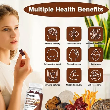 Mushroom Complex cu ingrediente naturale, 10 în 1, Sustine memoria si concentrarea, imunitatea, regenerare celulara, antiaging, antistres, 60 gumii