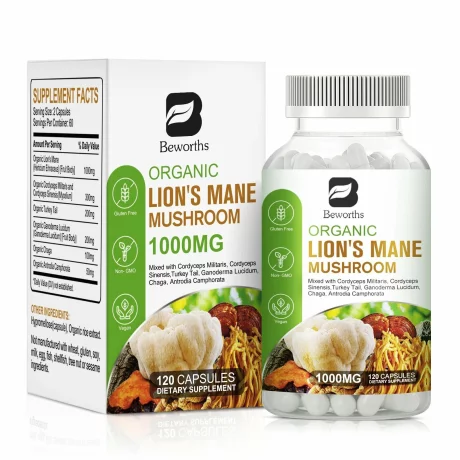 Capsule cu extract de ciuperci din Coama Leului, Coadă de curcan Complex Chaga, Îmbunătățiți memoria și imunitatea, Beworths, 1000mg