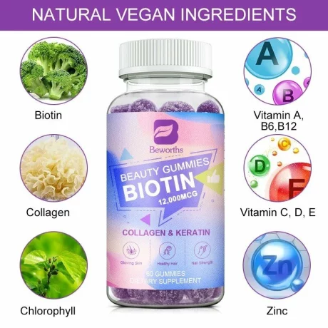 Complex Biotina pentru piele, par si unghii, bomboane gumate, suport pentru frumusete, previne caderea parului, 60 buc