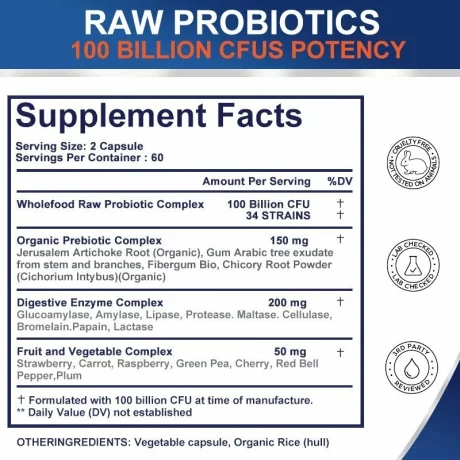 Capsule probiotice si enzime digestive suport pentru absorbtia nutrientilor, sanatate digestiva, 100 de miliarde de CFU si 34 de tulpini