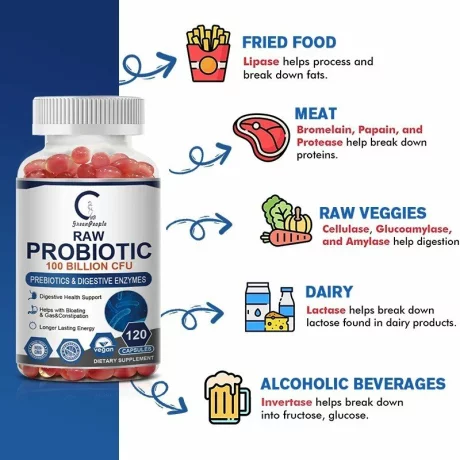 Capsule probiotice si enzime digestive suport pentru absorbtia nutrientilor, sanatate digestiva, 100 de miliarde de CFU si 34 de tulpini